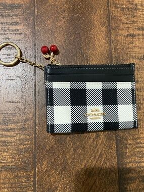 Coach Mini Skinny ID Case Black and White Gingham Print with Cherry Charm